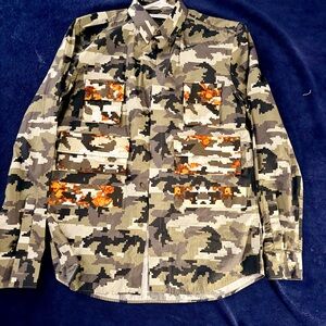 Givenchy Green and Black Camouflage Button-Down Shirt with Orange Accents